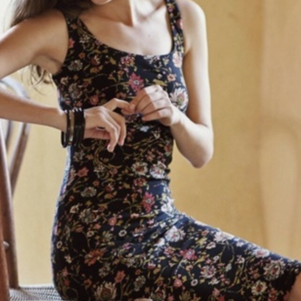 Peruvian Connection Midi Floral Tank Dress Pima Cotton Black Size M